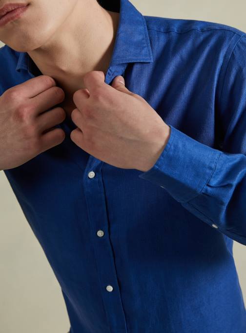 Heren Alcott az3 azuurblauw licht overhemd van puur linnen met lange mouwen kleding PT241013