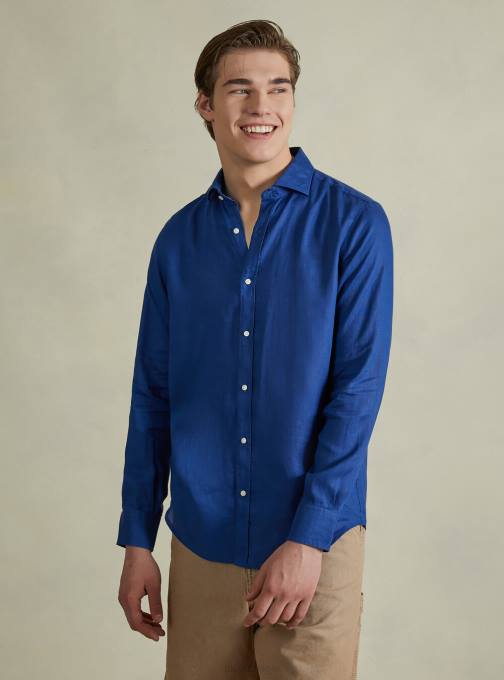 Heren Alcott az3 azuurblauw licht overhemd van puur linnen met lange mouwen kleding PT241013