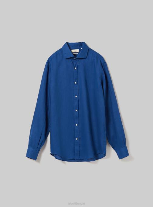 Heren Alcott az3 azuurblauw licht overhemd van puur linnen met lange mouwen kleding PT241013