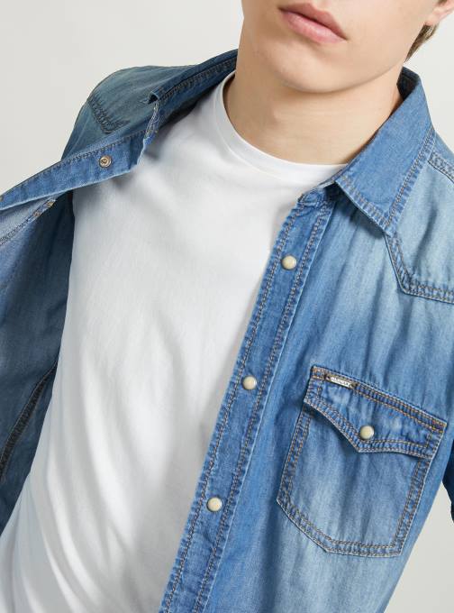 Heren Alcott d006 azuurblauw spijkerblouse met korte mouwen kleding PT24700