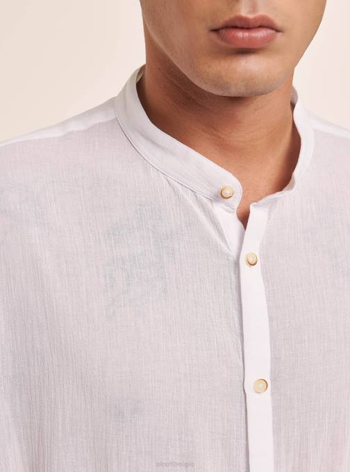 Heren Alcott wit Katoenen overhemd met lange mouwen en Koreaanse kraag kleding PT24604