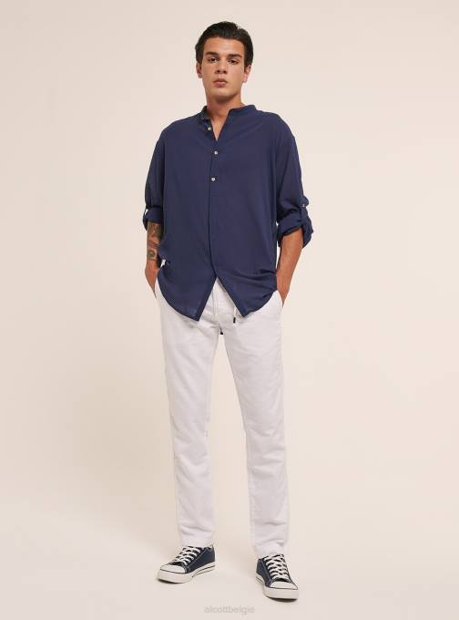 Heren Alcott wit Katoenen overhemd met lange mouwen en Koreaanse kraag kleding PT24750