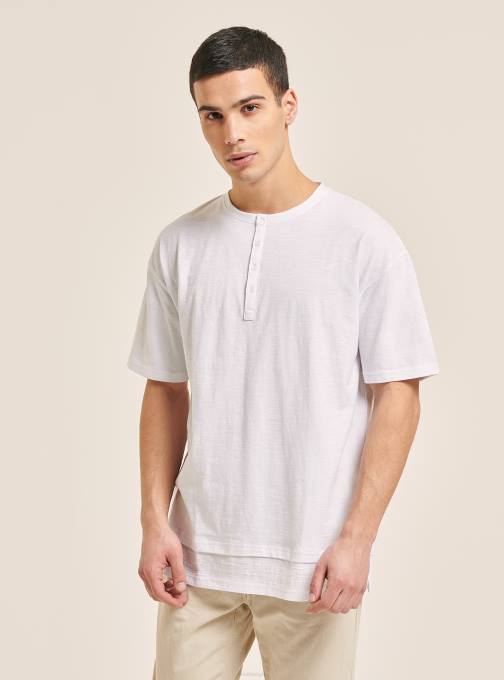 Heren Alcott wit T-shirt van linnenmix met serapekraag kleding PT24599