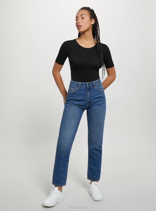 vrouwen Alcott bk1 zwart geribde bodysuit met korte mouwen kleding PT2491