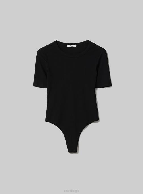 vrouwen Alcott bk1 zwart geribde bodysuit met korte mouwen kleding PT2491