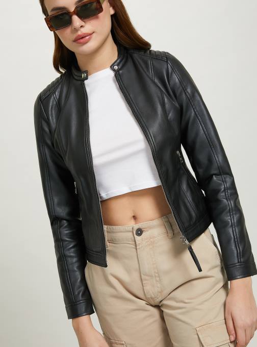 vrouwen Alcott bk1 zwart Bikerjack met leereffect kleding PT24105