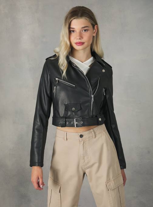 vrouwen Alcott bk1 zwart Bikerjack met leereffect kleding PT24453